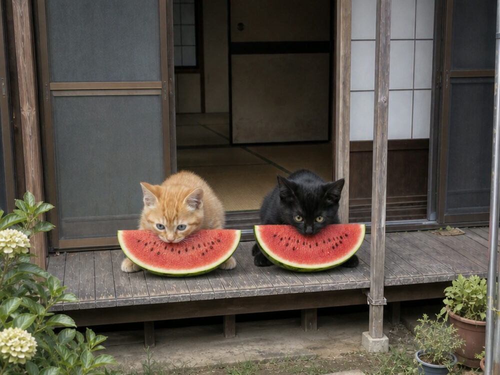 夏らしい明るさを見直す前の縁側と二匹の猫の参照画像