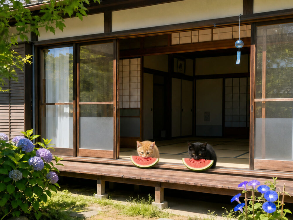 庭の直射日光と軒下の反射光を見直した縁側と二匹の猫の参照画像